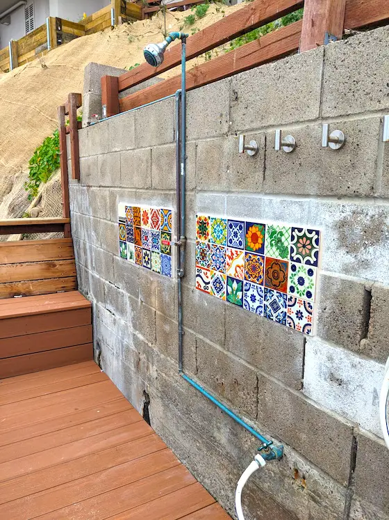 decorative exterior tile on outdoor shower wall