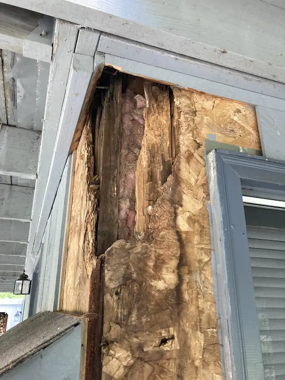 rotted wood house corner under a deck