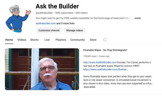 screenshot of ask the builder youtube channel